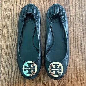 Tory Burch Black Flats with Gold Logo